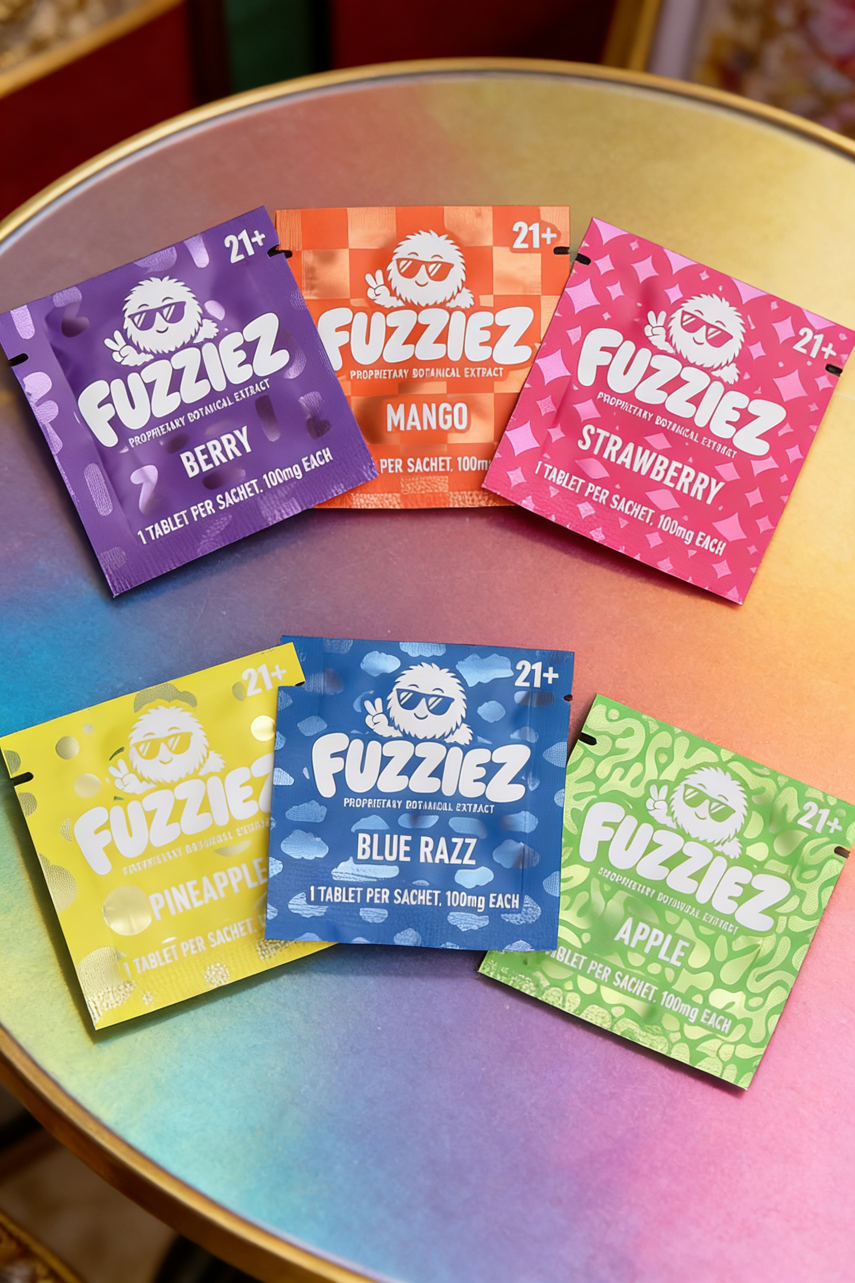 All six Fuzziez botanical relaxation tablet flavors — Apple, Berry, Blue Razz, Mango, Pineapple, Strawberry