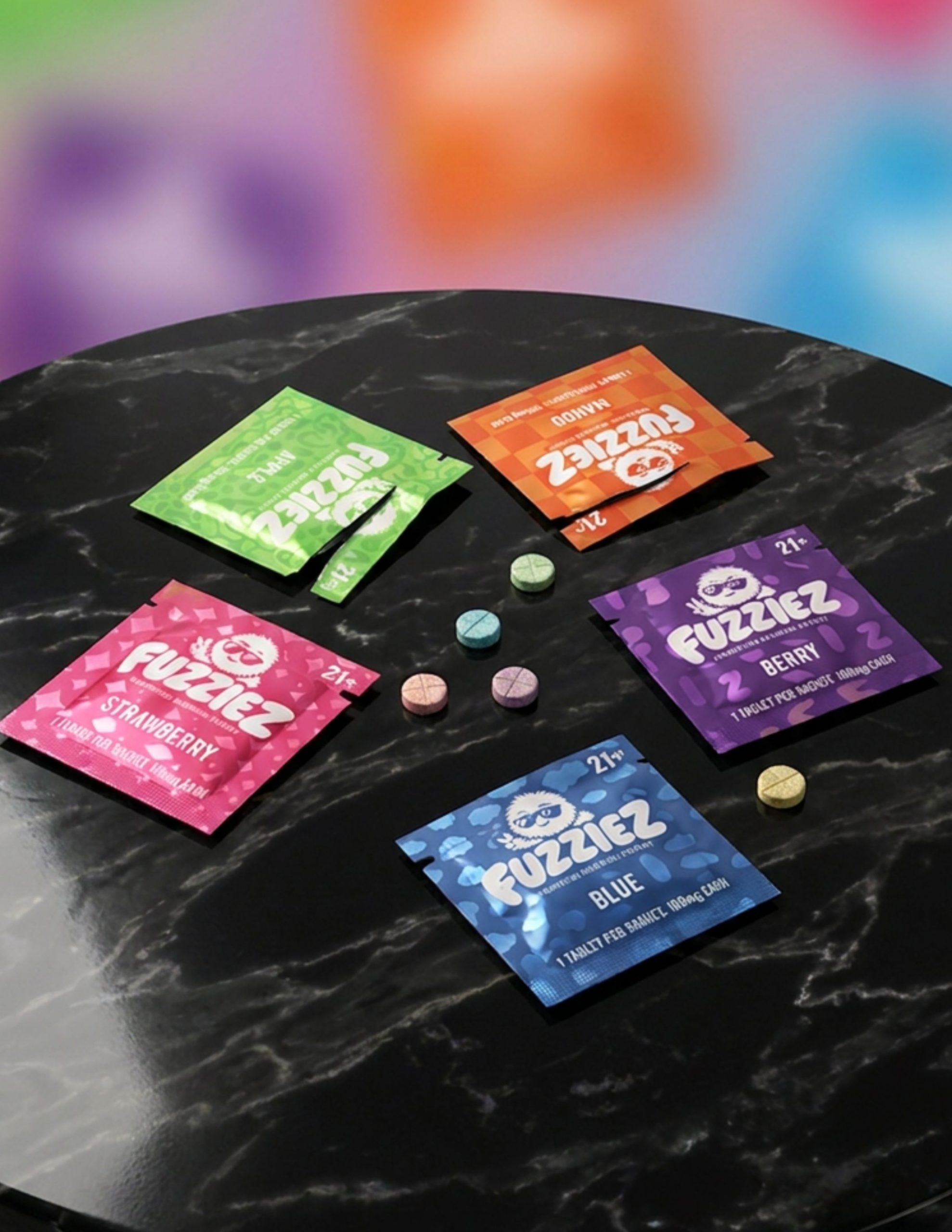 Fuzziez botanical relaxation tablet sachets — six flavors, 100mg Cat's Claw extract, legal in all 50 states